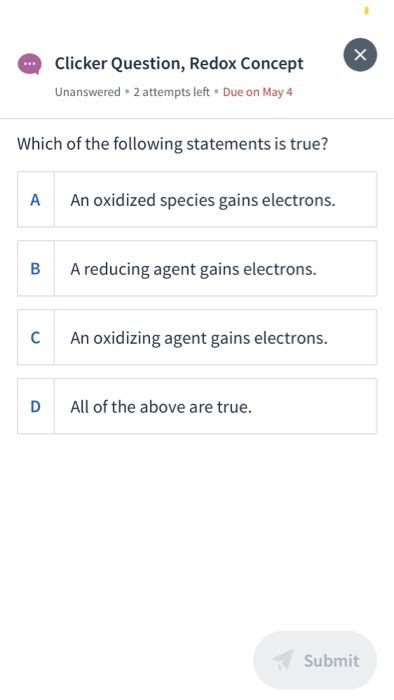 Solved Clicker Question Redox Concept Unanswered 2 Attempts Chegg