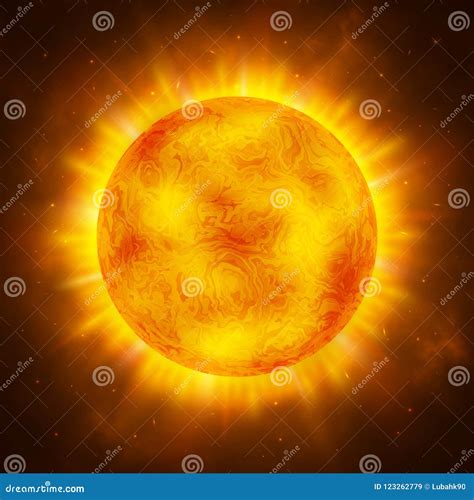 Sun Planet. Bright Realistic Sun with Rays, Glow and Sparks. Sunshine Design. Space Background ...