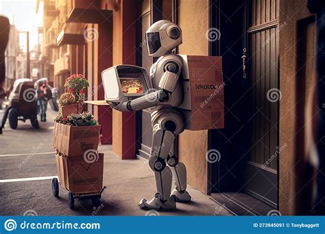 Humanoid Robot Courier Delivery Service Stock Illustration