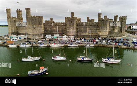 Aerial view of the ancient Caernarfon Castle in North Wales Stock Photo ...