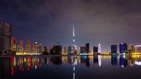 Dubai City Night Illumination Apartment Buildings Up View 4k Time Lapse ...