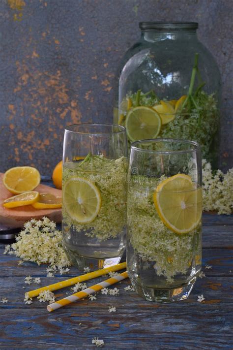 Elderberry Flowers And Lemon Drink Refreshing Healthy Summer Juice