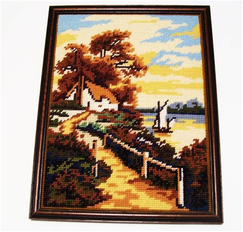 Country Cottage By The Lake Completed Needlepoint Picture Framed 10 X