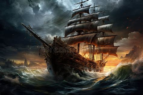 Pirate Ship In Stormy Sea 3d Render Illustration AI Generated Stock