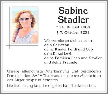 Traueranzeigen Von Sabine Stadler Allg Uer Zeitung