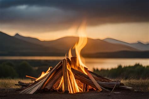 Premium AI Image A Fire Burns In Front Of A Mountain Lake