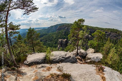 Pravcicka brana in Bohemian Switzerland. Prebischtor Gate mountain view. Narrow rock, largest ...