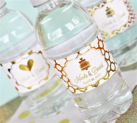 Personalized Wedding Water Bottle Labels Mint and Gold Bridal