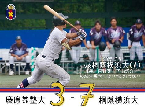 慶應義塾体育会野球部【公式】 On Twitter 【夏季op戦試合結果】 慶大 A 3 7 桐蔭横浜大 桐 020 005 0 7 慶 100 000 2 3 ※試合規定により7回