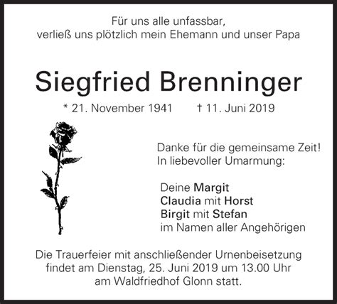 Traueranzeigen Von Siegfried Brenninger Trauer Merkur De