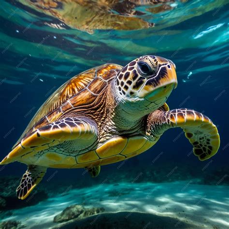 Premium Photo | A green sea turtle swims past a reef with a turtle