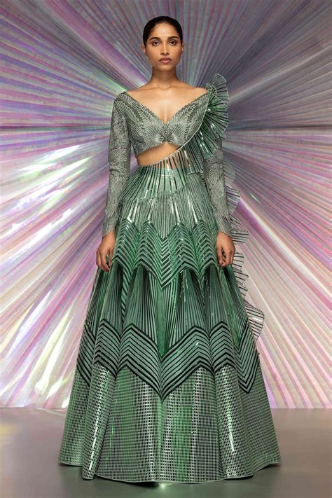 Buy Green Tulle Woven Stripes V Neck Metallic Structured Lehenga Set