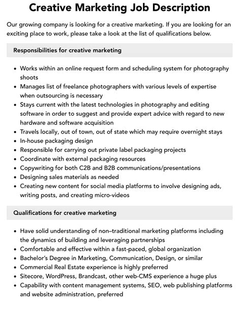 Creative Marketing Job Description Velvet Jobs