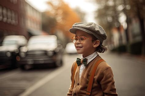 Premium Photo | A young boy wearing glasses and a hat is standing ...