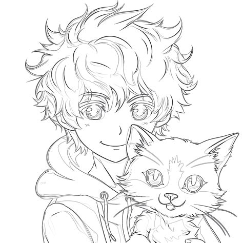 Printable Anime Boy and Cat Coloring Page - Mimi Panda