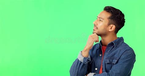 Thinking Idea And Man In Green Screen Studio Unsure Pensive And