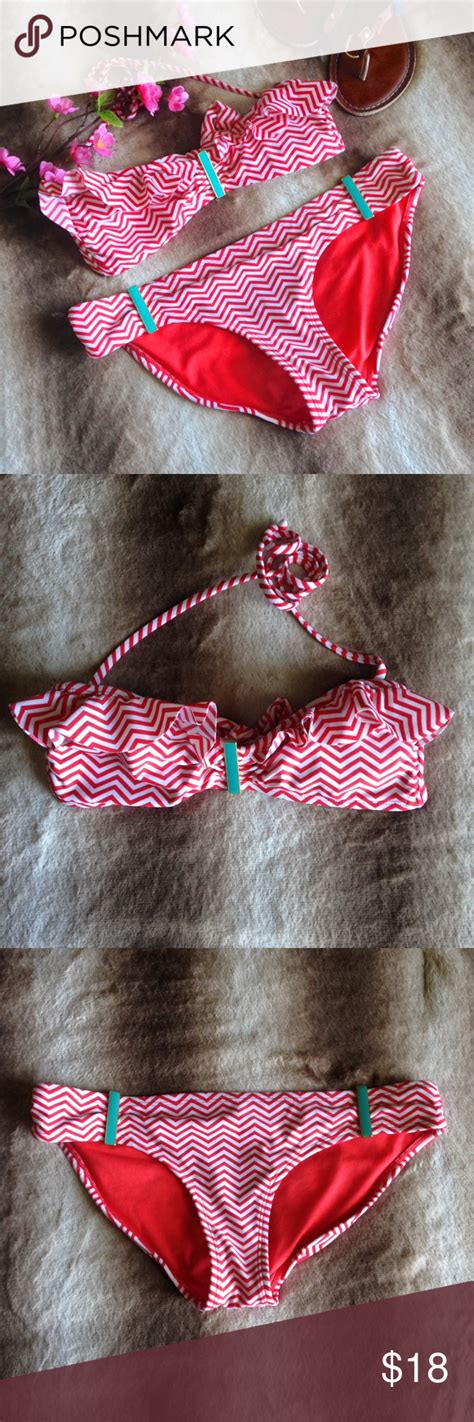 Watermelon Red Chevron Ruffled Top Bikini Set Super Cute Bikini Set