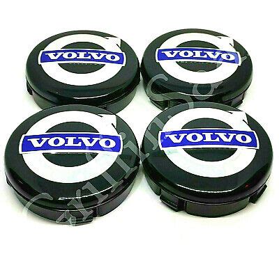 4x Volvo Alloy Wheel Centre Hub Caps 64mm Black Blue C30 C70 S40 V50