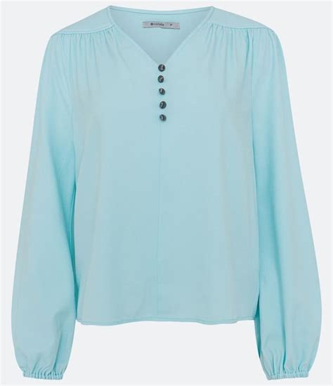 Blusa Con Pliegues En Los Hombros Y Botones Delanteros Azul