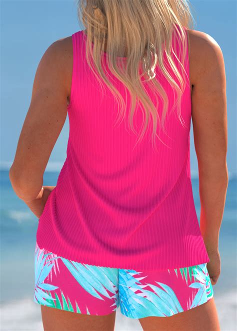 Cut Out Tropical Plants Print Hot Pink Tankini Set Modlily USD 37 98