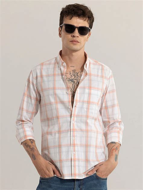 Buy Snitch Peach Classic Slim Fit Tartan Checked Button Down Collar