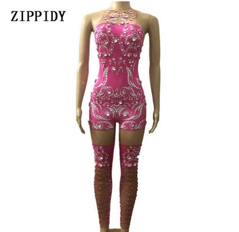 Fashion Sexy Sparkly Rhinestones Pink Jumpsuit Birthday Celebrate Costume Female Singer Bodysuit