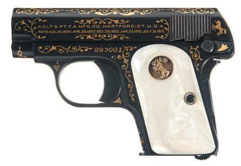 Excellent Custom Gold Inlaid Colt Model 1908 Vest Pocket Semi Automatic Pistol With Pearl Grips