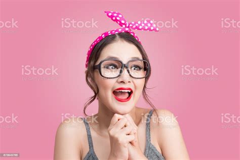 Surprised Asian Girl With Pretty Smile In Pinup Makeup Style Stock