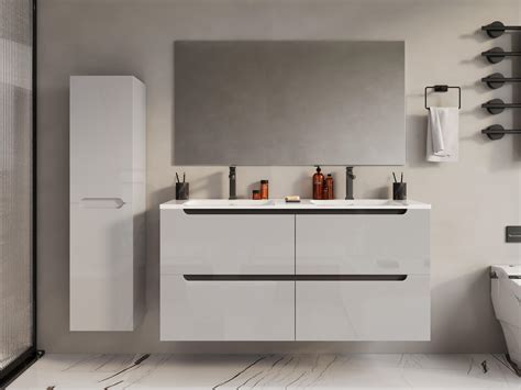 Meuble De Salle De Bain Avec Double Vasque Et Colonne 120 Cm Blanc