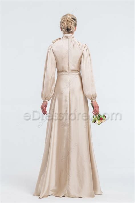 Modest Mormon Champagne Satin Bridesmaid Dresses Long Sleeves Edresstore