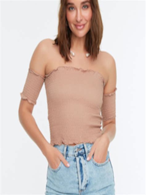 Buy Trendyol Nude Coloured Smocked Pure Cotton Bardot Crop Top Tops