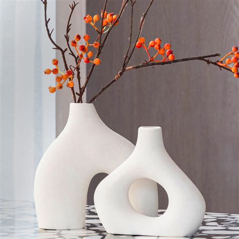 White Ceramic Vase Set Of 2 For Modern Room Decor Round Matte Donut