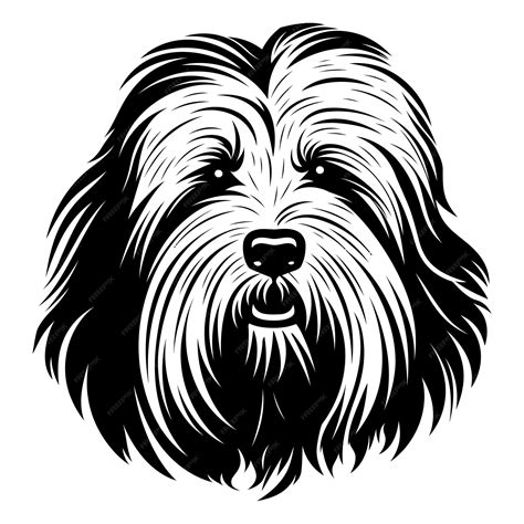 Black and white vector illustration of a fluffy dogs face perfect for