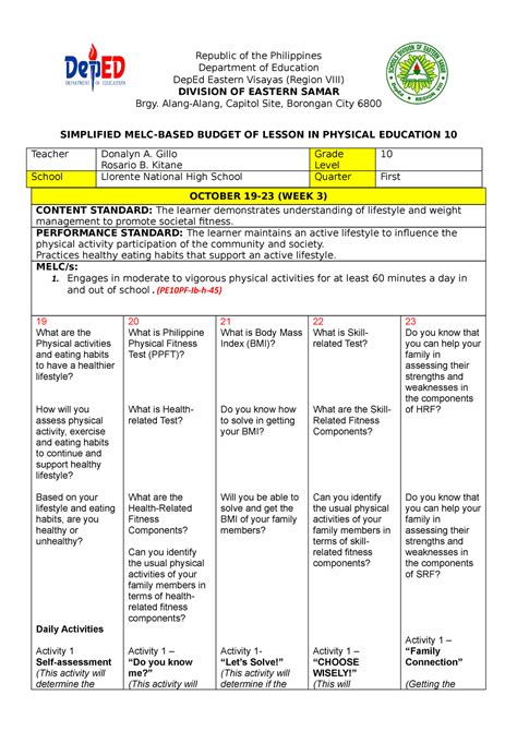 Q1 BOL Grade 10 PE WEEK 3 Republic Of The Philippines Department Of