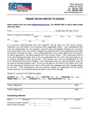 Fillable Online TENANT 30 DAY NOTICE TO VACATE RPM East Valley Fax