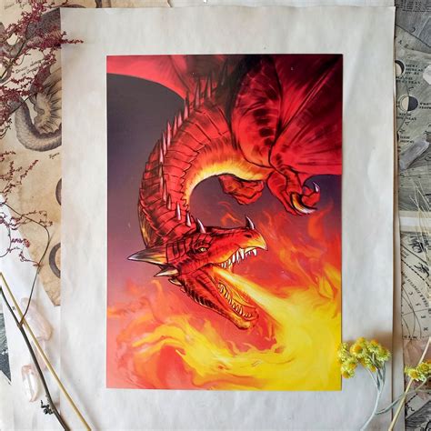 Red Dragon Art Print Dragon Fire Artwork Flying Dragon Wall Decor ...