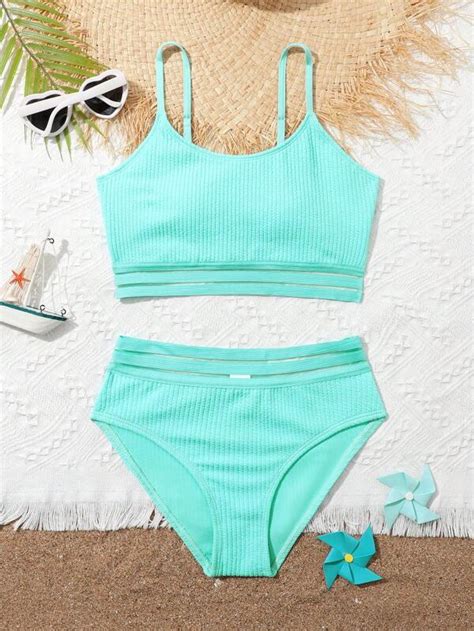 Teen Girl Solid Ribbed Knit Bikini Swimsuit Shein Usa