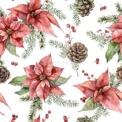 Watercolor Christmas Seamless Pattern With Poinsettia Pine Cone And