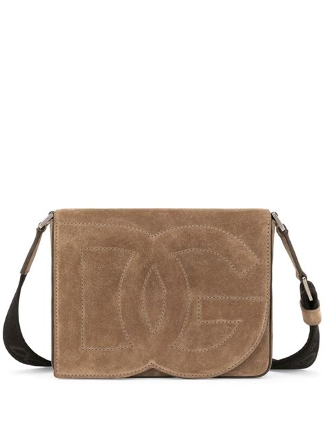 Dolce Gabbana Logo Embossed Suede Shoulder Bag Brown FARFETCH