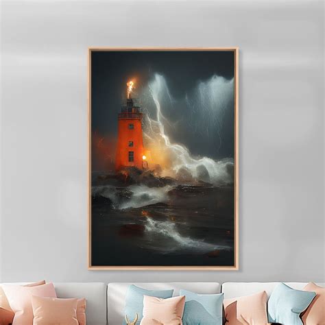 Lighthouse Oil Painting Canvas Print, Light House in a Hurricane, Dark Stormy Night, Waves ...