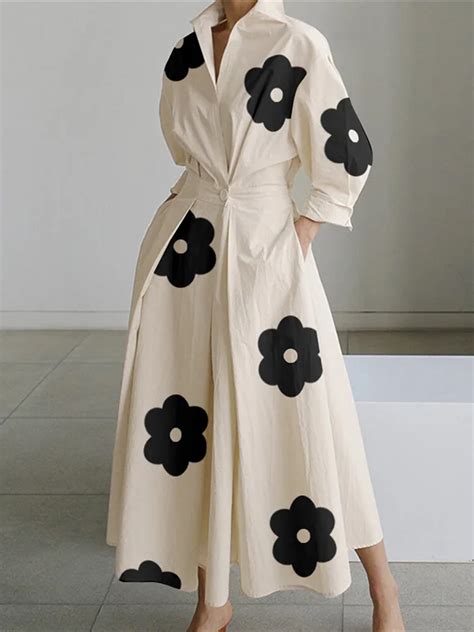 Elegant Long Sleeve Floral Shirt Dress With Pleated Detail