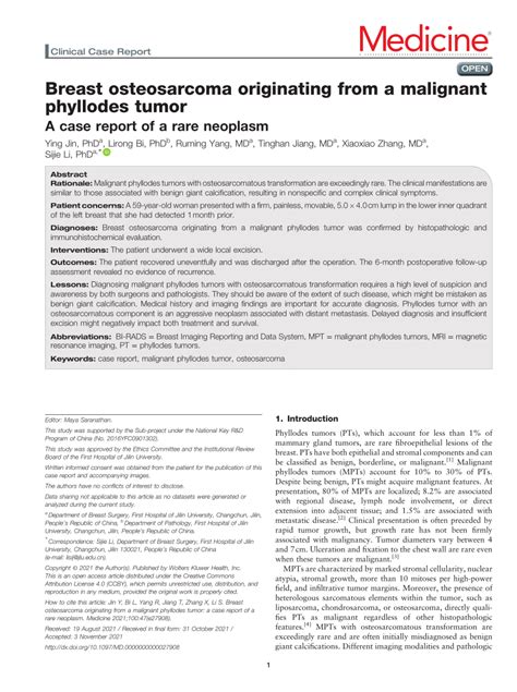 Pdf Breast Osteosarcoma Originating From A Malignant Phyllodes Tumor