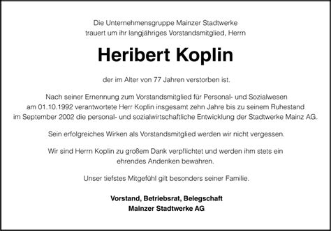 Traueranzeigen Von Heribert Koplin Vrm Trauer De