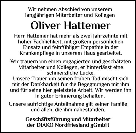 Traueranzeigen Von Oliver Hattemer Sh Z Trauer