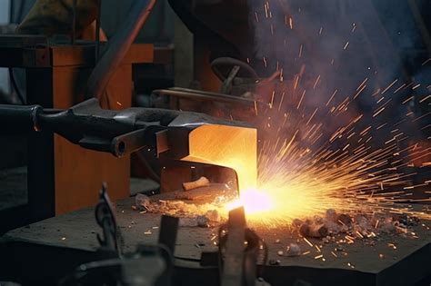 Premium AI Image | Closeup of metal forging process with sparks flying and hammers pounding