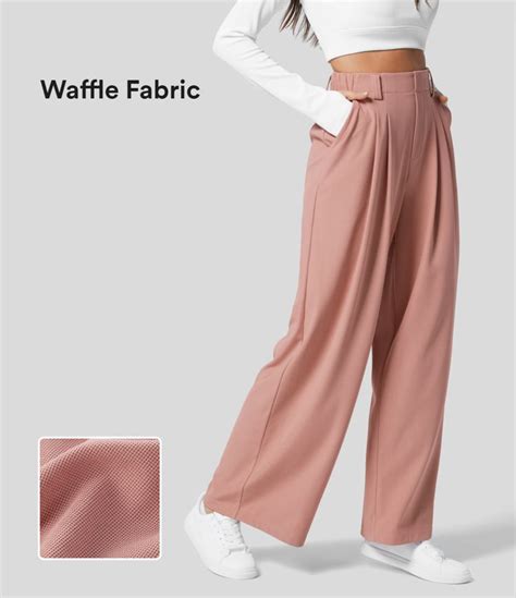 Womens High Waisted Plicated Side Pocket Wide Leg Waffle Work Pants