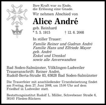 Traueranzeigen Von Alice Andre Saarbruecker Zeitung Trauer De