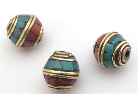 Tibetan Bicone Shape Brass Beads With Turquoise Coral Inlay