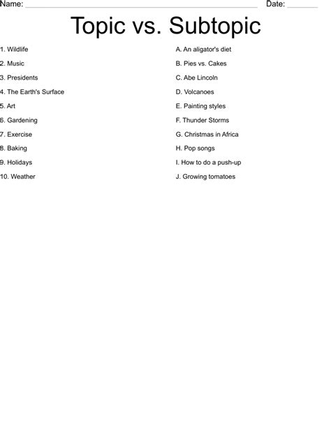 Topic Vs Subtopic Worksheet Wordmint