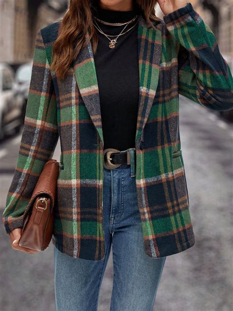 Plaid Print Lapel Neck Blazer in 2024 Blazer outfits lässig Frauen